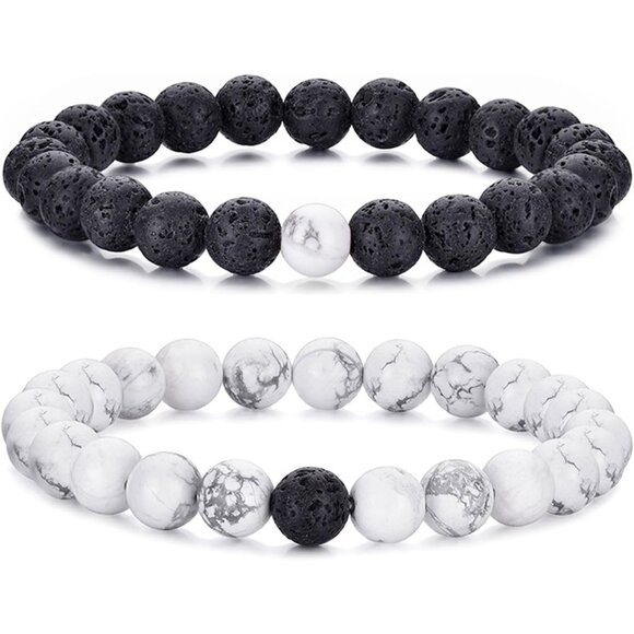 ⚡Rankeef Men 2 White Black Tiger Eye 8MM Natural Stone Crystal Beaded Bracelet - Picture 1 of 8